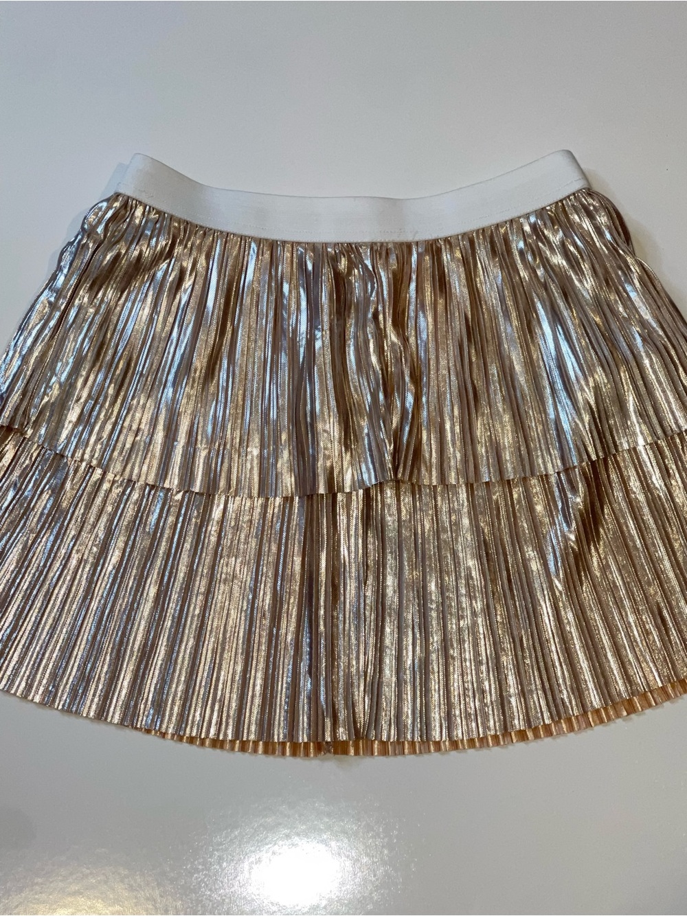 Metallic Gold Tiered Pleated Mini Skirt with White Waistband